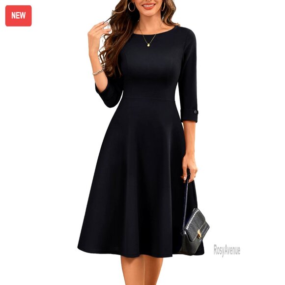Fit Flare Midi Dress 3/4 Sleeve Pockets Church Work Cocktail Formal